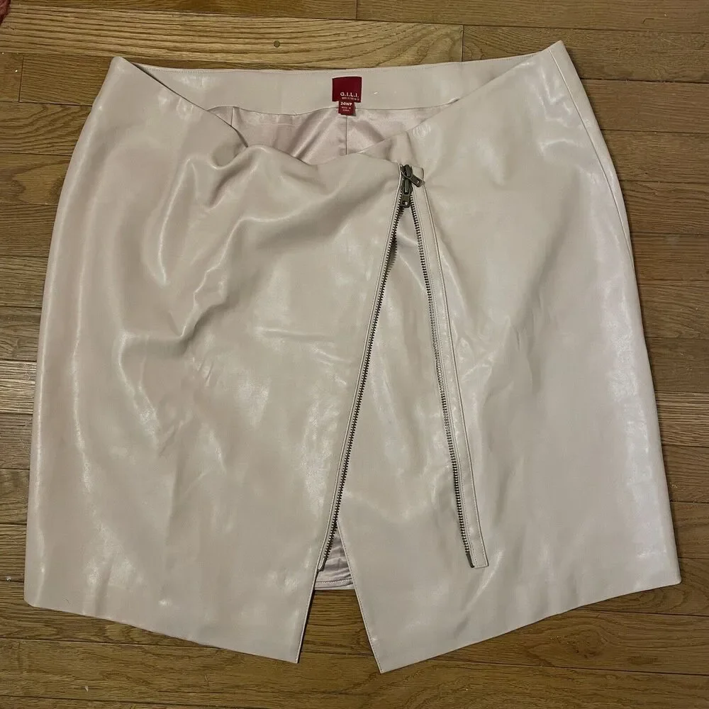 GILI Faux Leather Motorcycle Skirt 24 p QVC BUTTERY SOFT Beige Zipper Close Wrap